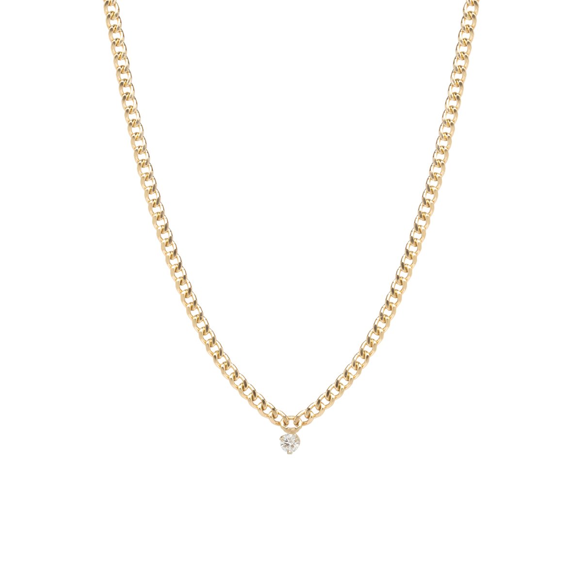 14k Yellow Gold With 0.10ct Diamond, Single Prong Set Diamond On A Small Curb Chain Necklace 16