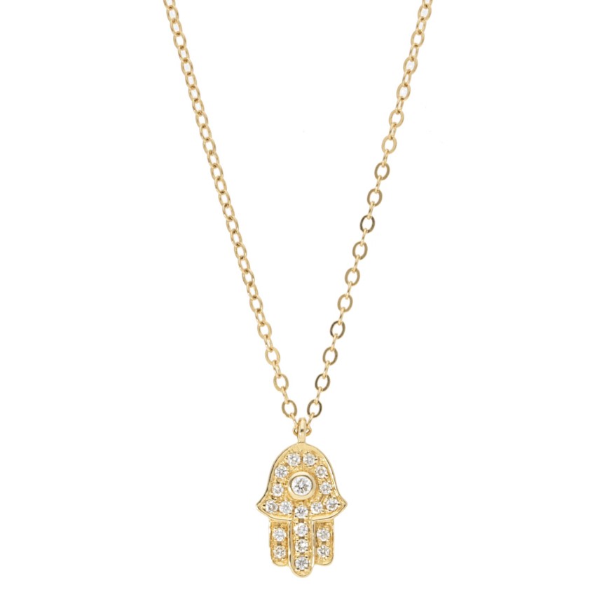 14k Yellow Gold With 0.11ctw Diamonds, Hamsa Pendant Necklace 16