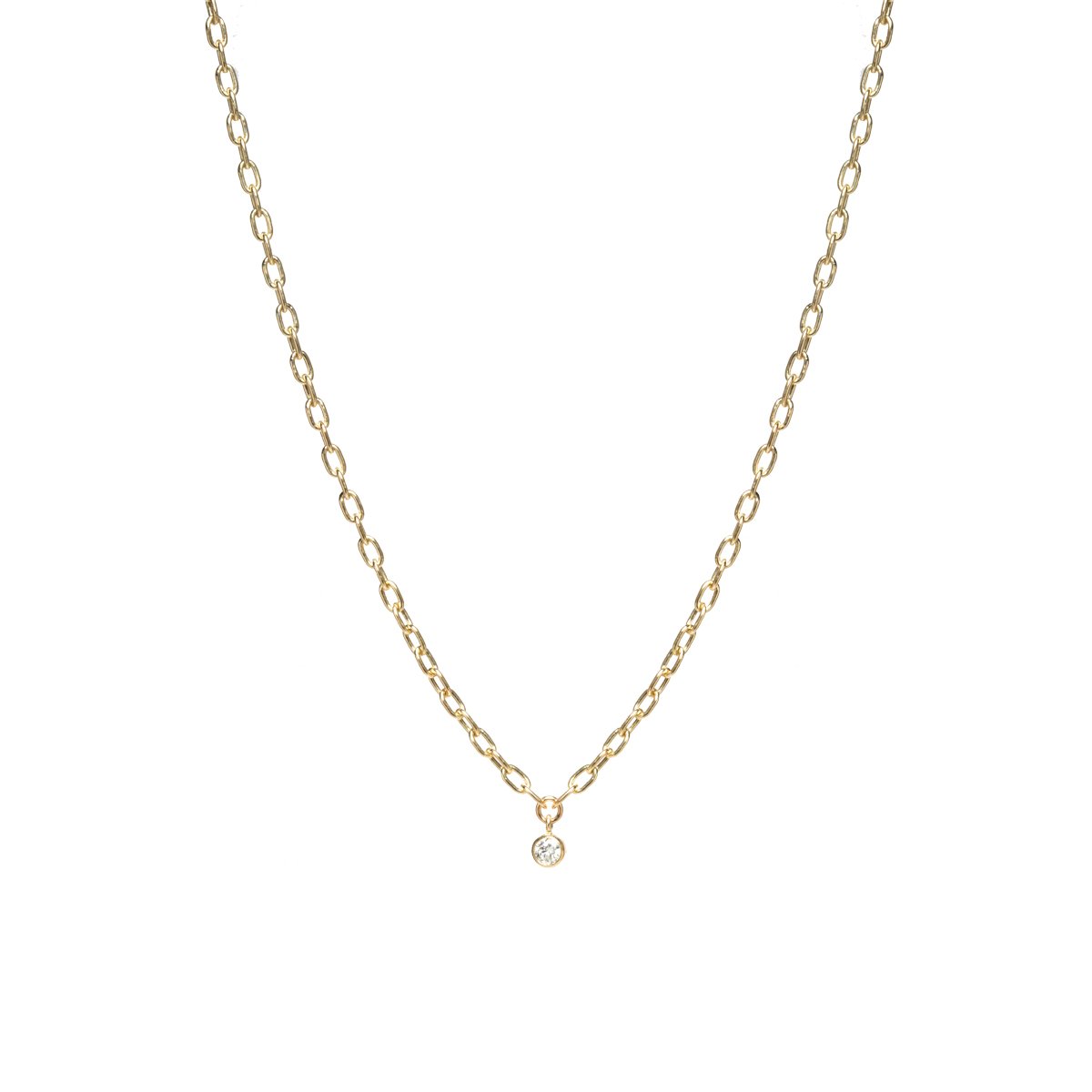 14k Yellow Gold With 0.10ct Diamond Small Square Oval Link Dangling Bezel Necklace 16