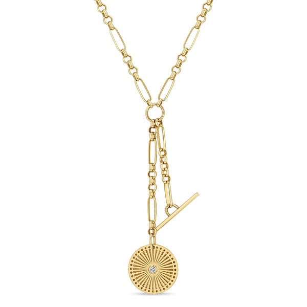 14k Yellow Gold With 0.03ct Diamond, Small Sunbeam Medallioin And Toggle On A Paperclip And Rolo Chain, Lariat Necklace 16-18