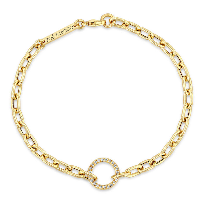 14k Yellow Gold With 0.14ctw Diamonds, Medium Square Oval Link Chain Bracelet With Station Diamond Circle, 6.5