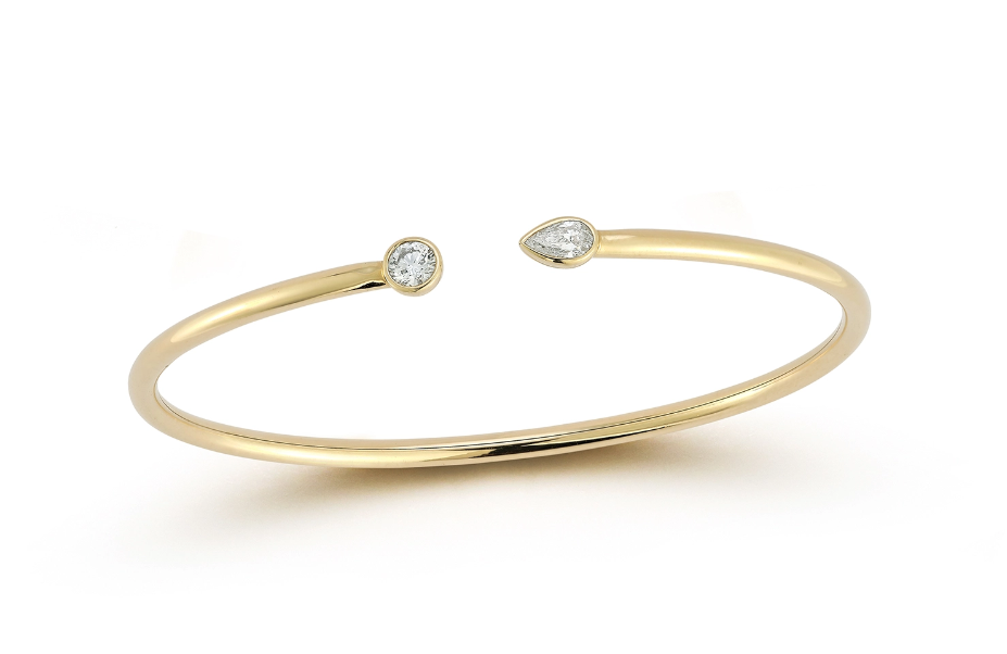 0.48ctw Diamonds Set In 18k Yellow Gold Bezel Set Round And Pear Cut Flexible Open Bangle By Pd Collection