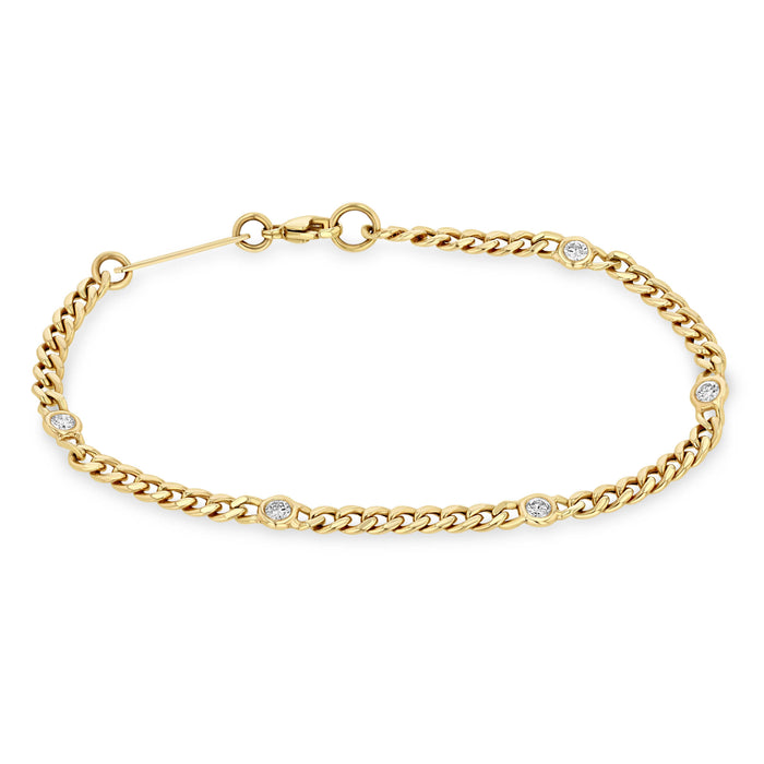 14k Yellow Gold With 0.25ctw Diamonds, Five Bezel Set Diamonds On A Curb Chain Bracelet, 6.5