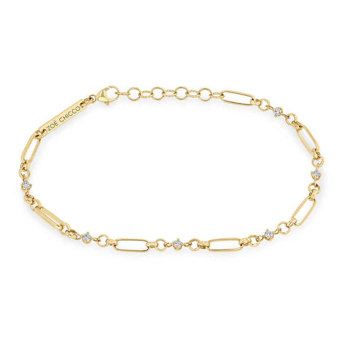 14k Yellow Gold With 0.18ctw Diamonds, Medium Mixed Paperclip Rolo Bracelt Wtih Prong Set Diamonds Between Links, 6-7