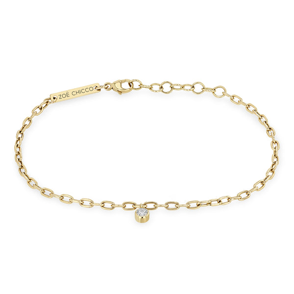 14k Yellow Gold With 0.10ct Diamond, Bezel Set Diamond On A Small Square Oval Chain Bracelet, 7