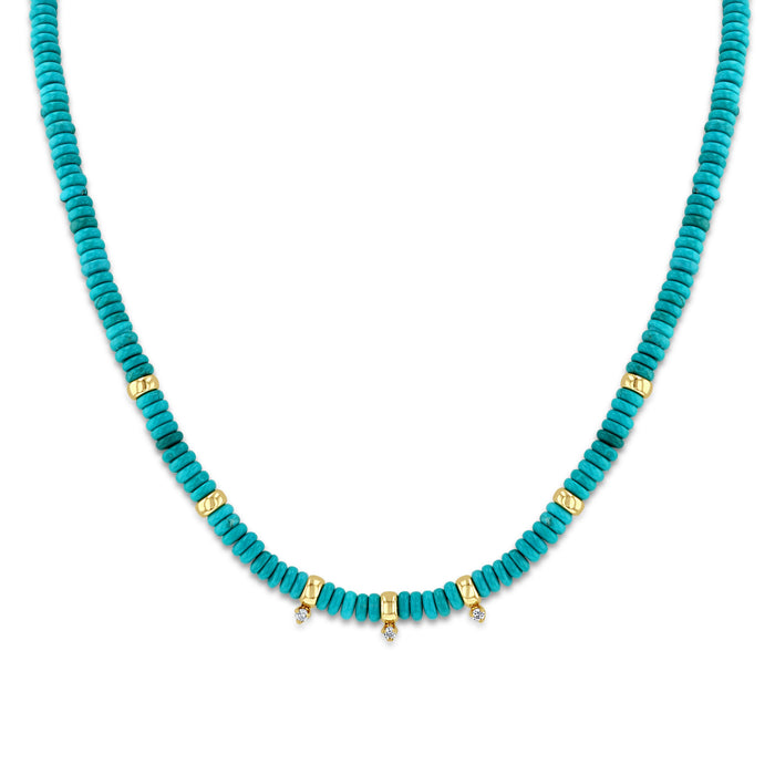 14k Yellow Gold With 0.09ctw Diamonds, Turquoise Rondelle Bead Necklace 16-18