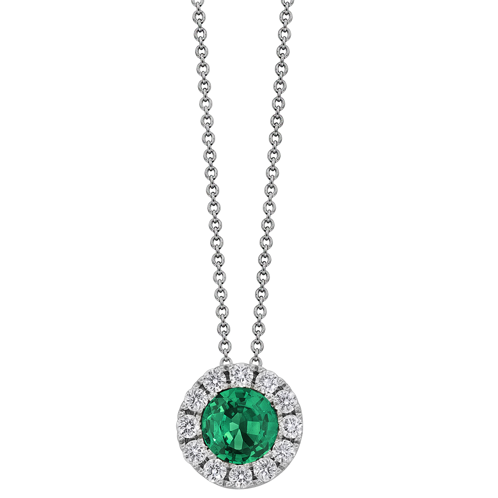 18k White Gold With 0.25ct Round Cut Emerald With 0.10ctw Diamond, Diamond Halo Pendant Necklace By Pd Collection