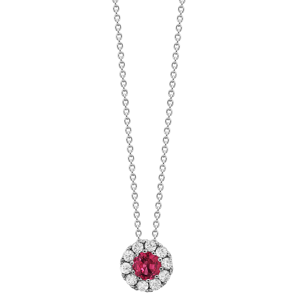 18k White Gold With 0.25ctw Dimaonds And 0.40ct Round Cut Ruby, Diamond Halo Pendant Necklace By Pd Collection