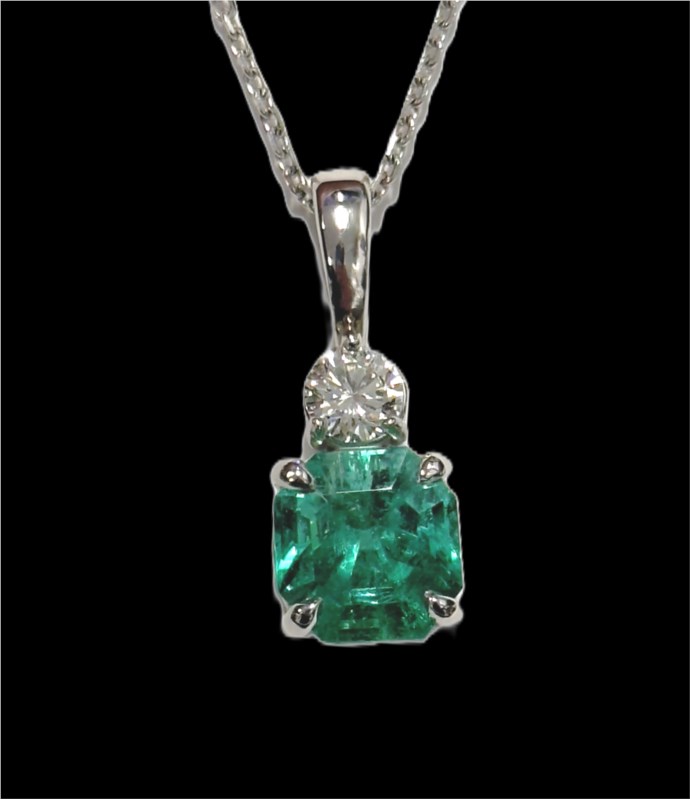 14k White Gold With 3.59ct Emerald Cut Emerald And 0.51ct Round Brilliant I/vs Diamond, Drop Pendant Necklace By Providence Diamond Collection