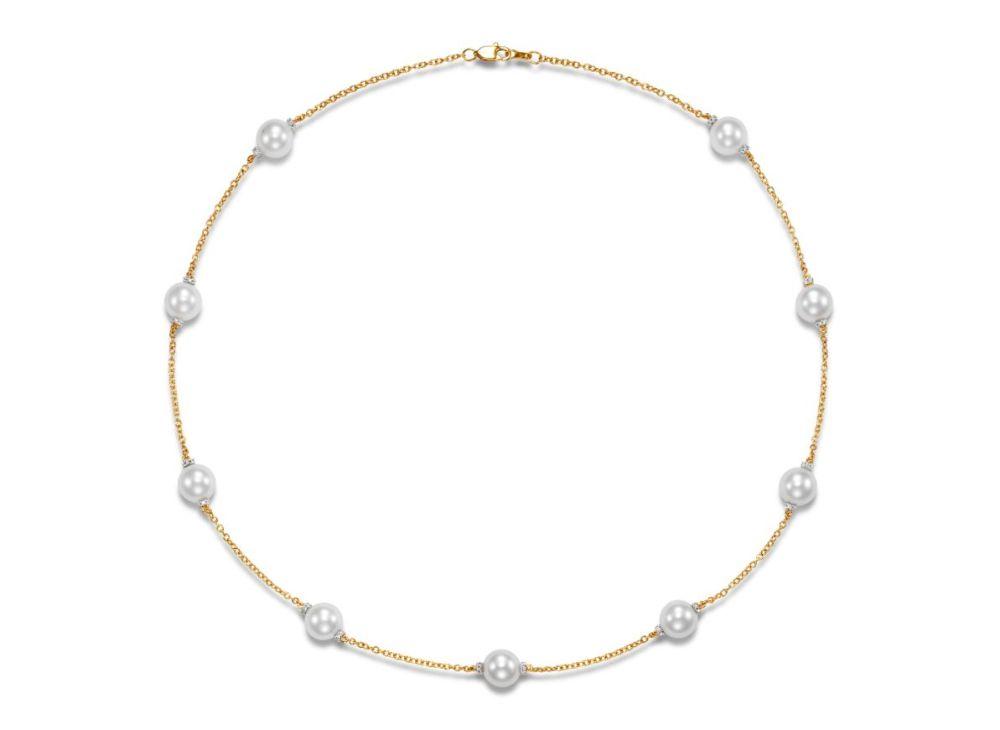 18k Yellow Gold With 0.33ctw Diamonds And 8.0-8.5mm Freshwater Pearls, Rondell Tin Cup Necklace 18