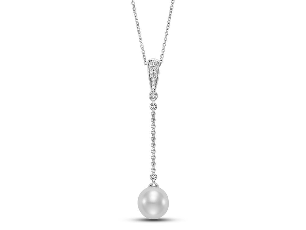 18k White Gold With 9.0-9.5mm White Freshwater Pearl With 0.08ctw Diamonds, Lariat Necklace By Pd Collection