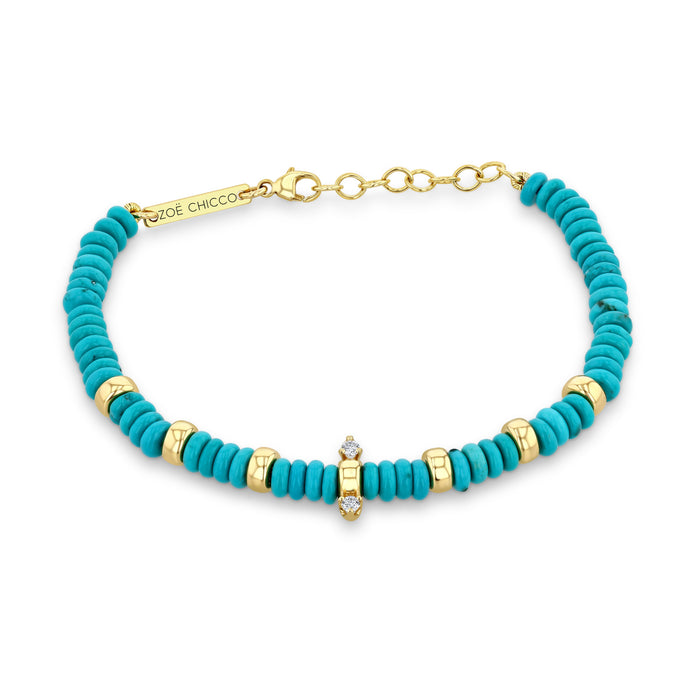 14k Yellow Gold With 0.06ctw Diamonds, Turquoise Rondelle Bead Bracelet 6-7