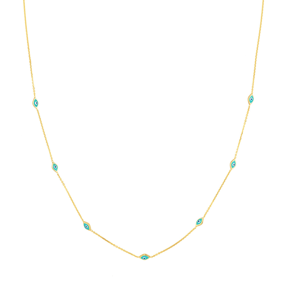 14k Yellow Gold With Seven Turquoise Enamel Evil Eye Necklace 16-18