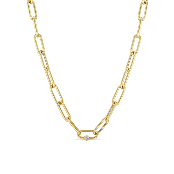 14k Yellow Gold With 0.10ct Diamond, Single Bezel Set Diamond Link On A Large Paper Clip Chain Necklace 16