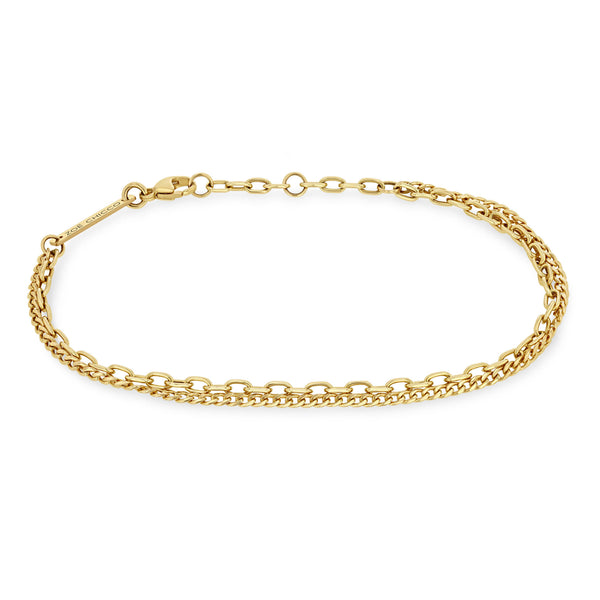 14k Yellow Gold Extra Small Curb Link And Small Square Oval Link, Double Chain Bracelet 7