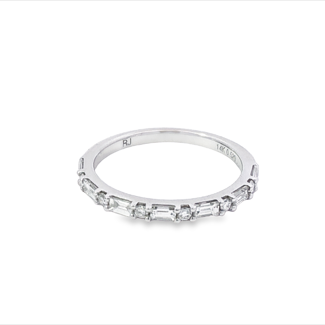 14K White Gold Round and Baguette Anniversary Band