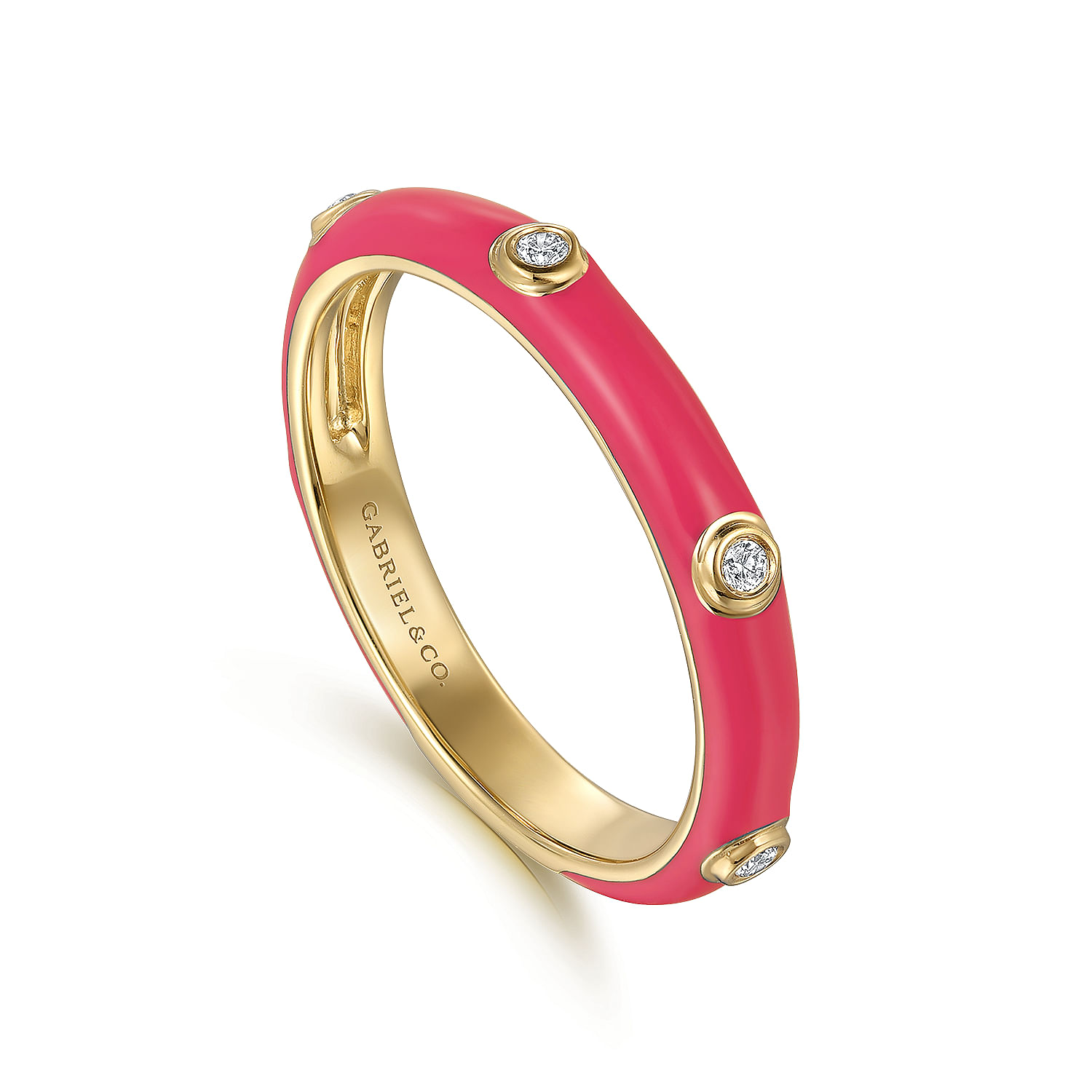 Gabriel & Co. 14K Yellow Gold Diamond and Pink Enamel Ring