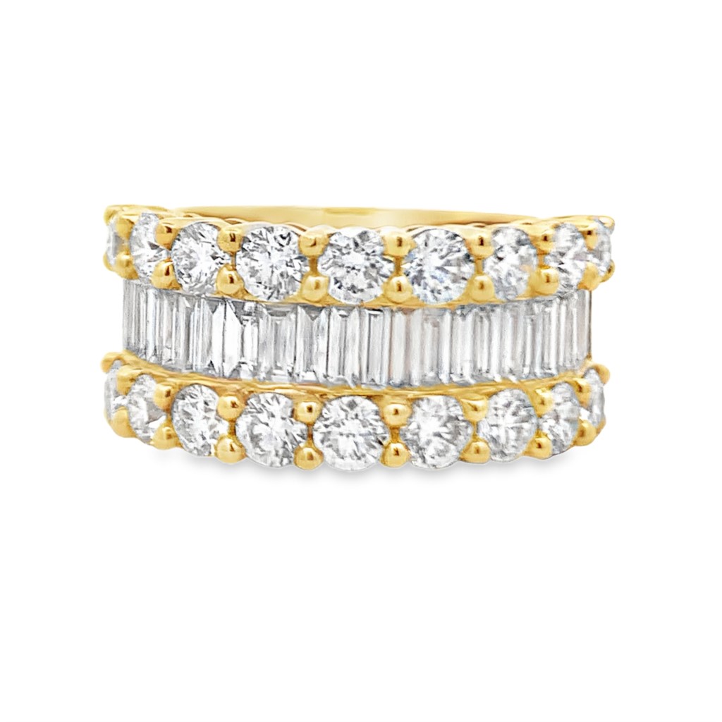 18K Yellow Gold Wide Baguette and Round Diamond Ring