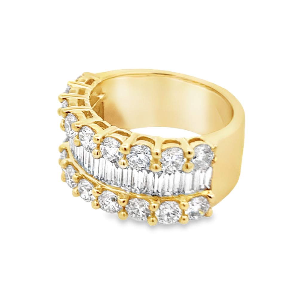 18K Yellow Gold Wide Baguette and Round Diamond Ring