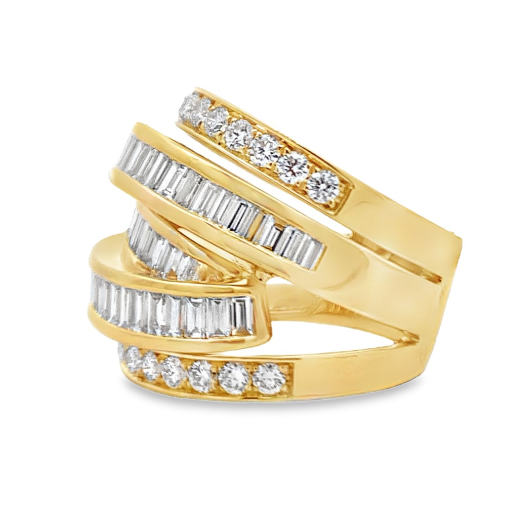 18K Yellow Gold Wide Channel Set Criss Cross Diamond Ring