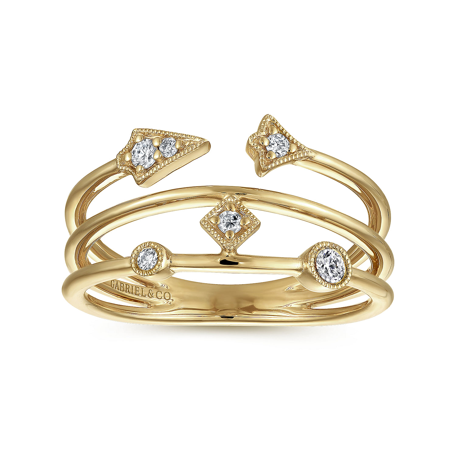 Gabriel & Co. 14K Yellow Gold Tri-Band Diamond Station Ring