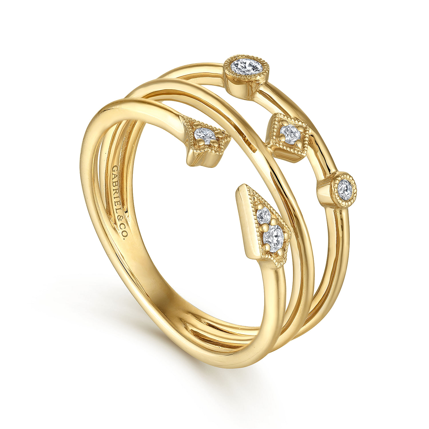 Gabriel & Co. 14K Yellow Gold Tri-Band Diamond Station Ring