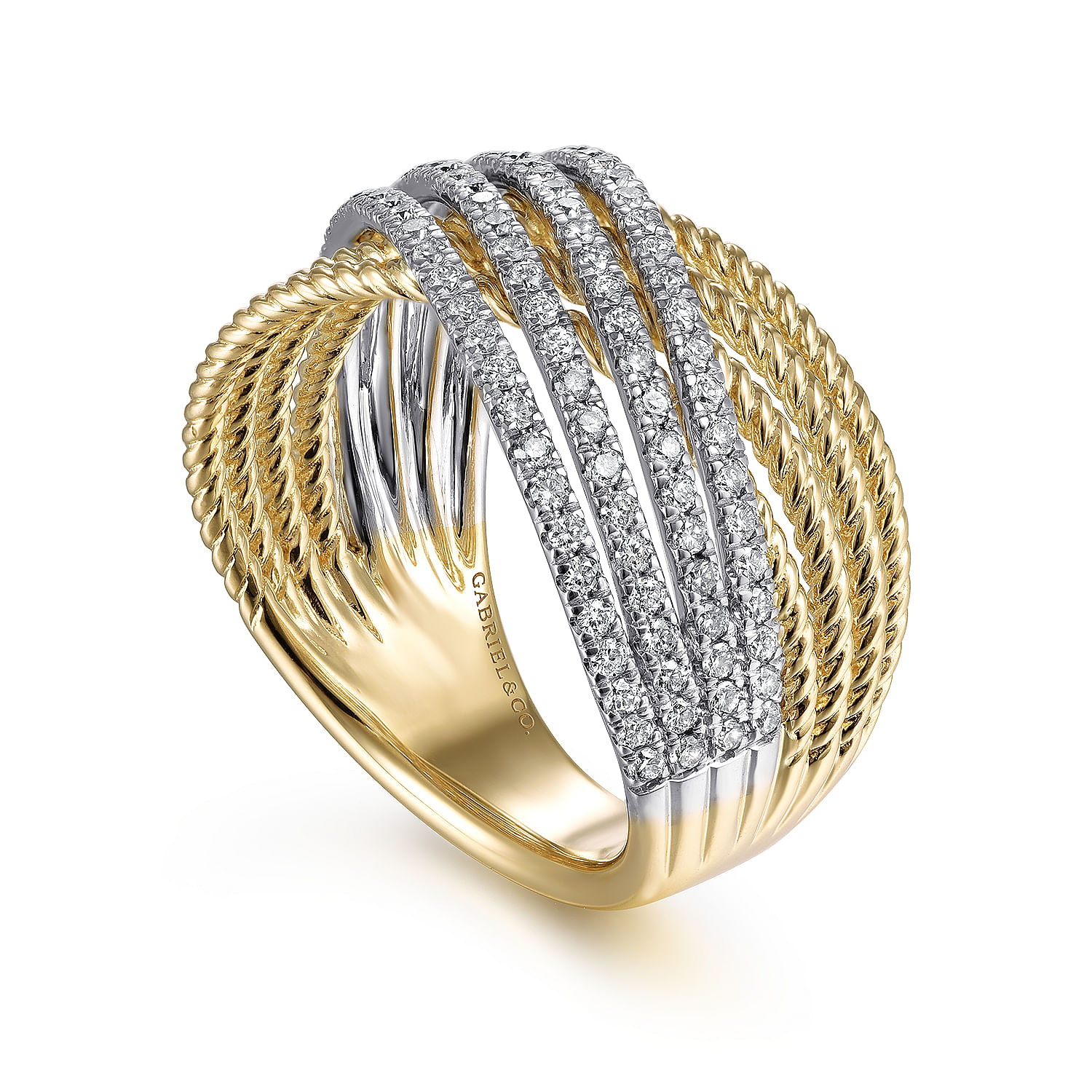 Gabriel & Co. 14K Two-Tone Rope and Diamond Criss Cross Ring