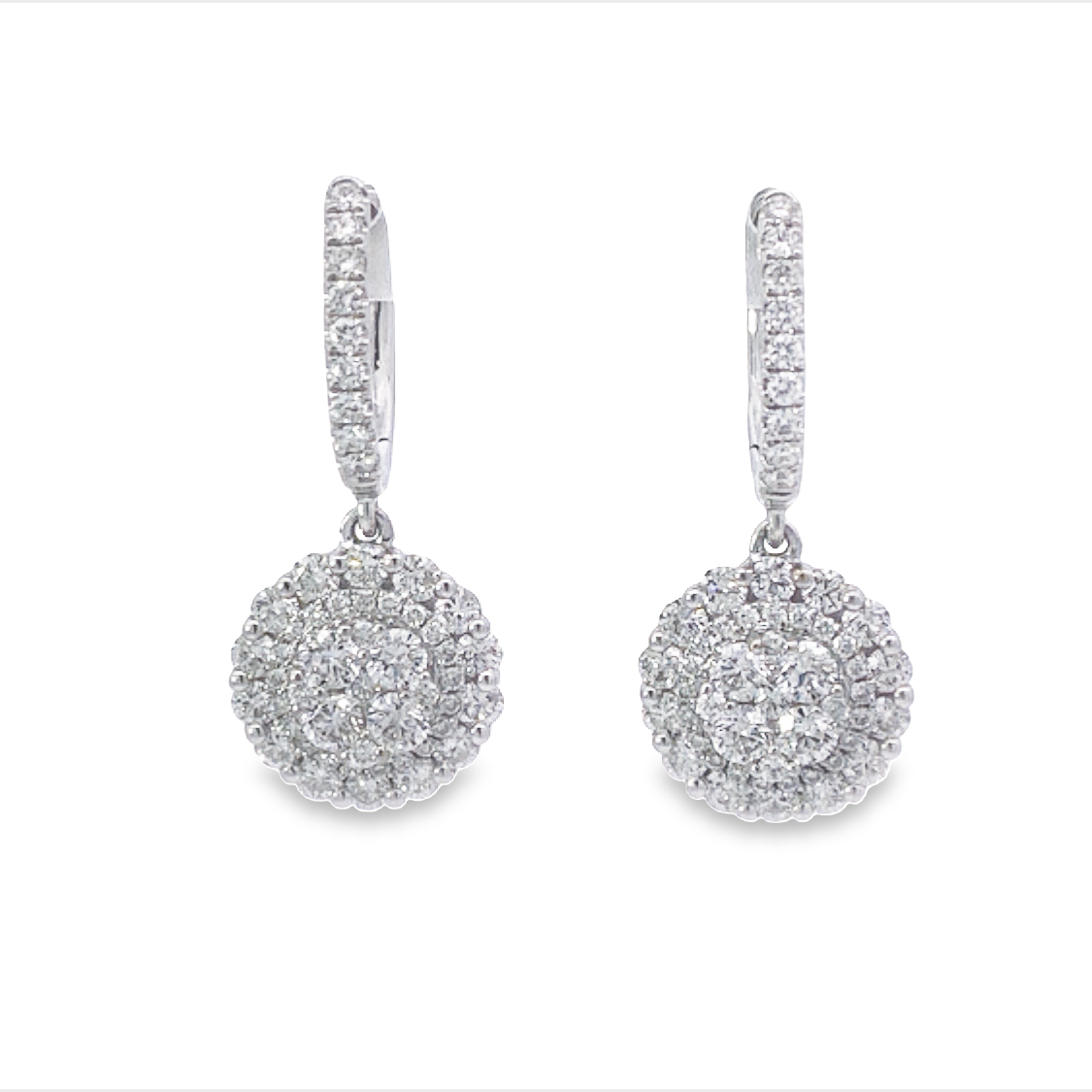 18K White Gold Diamond Cluster Drop Earrings