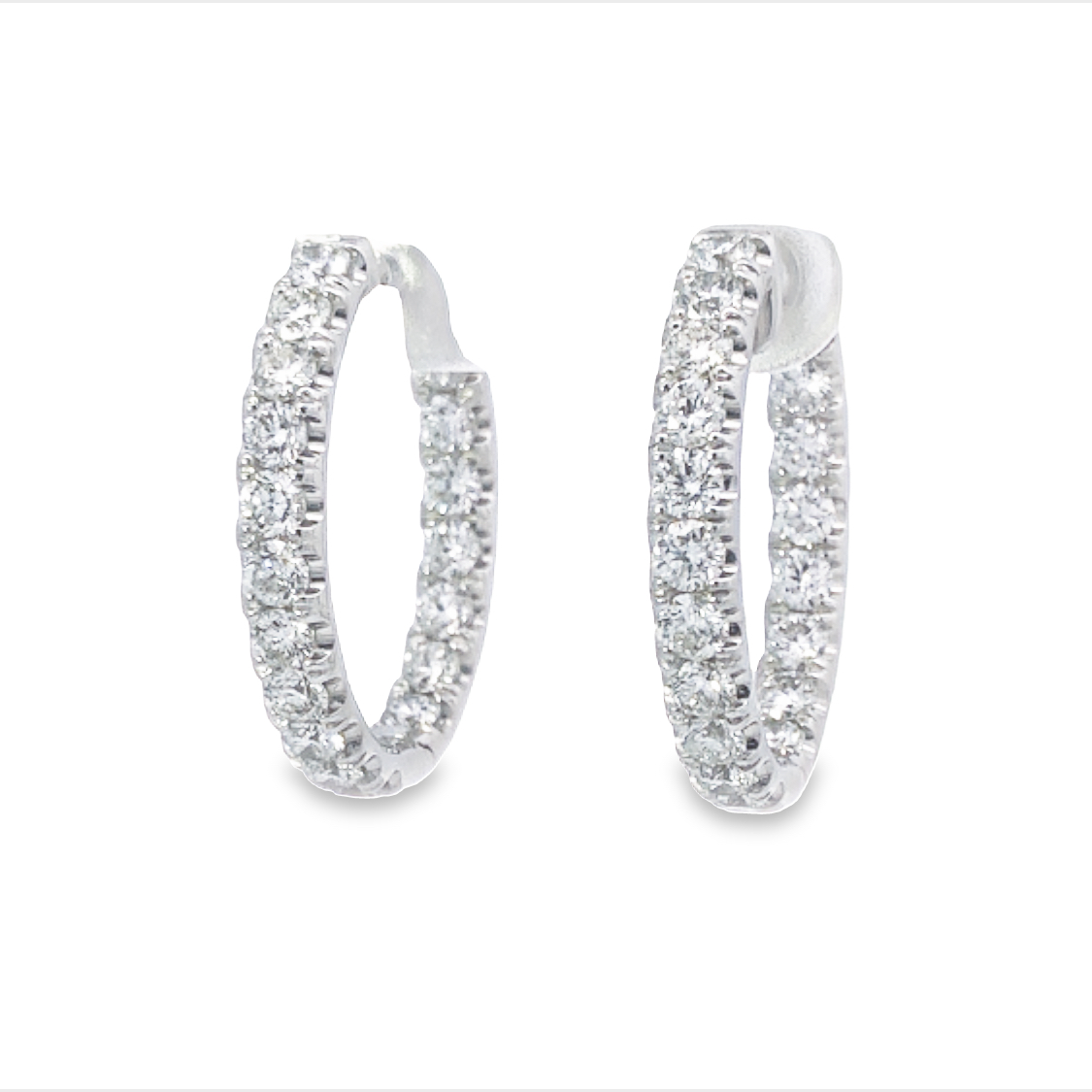 14K White Gold Diamond Hoops