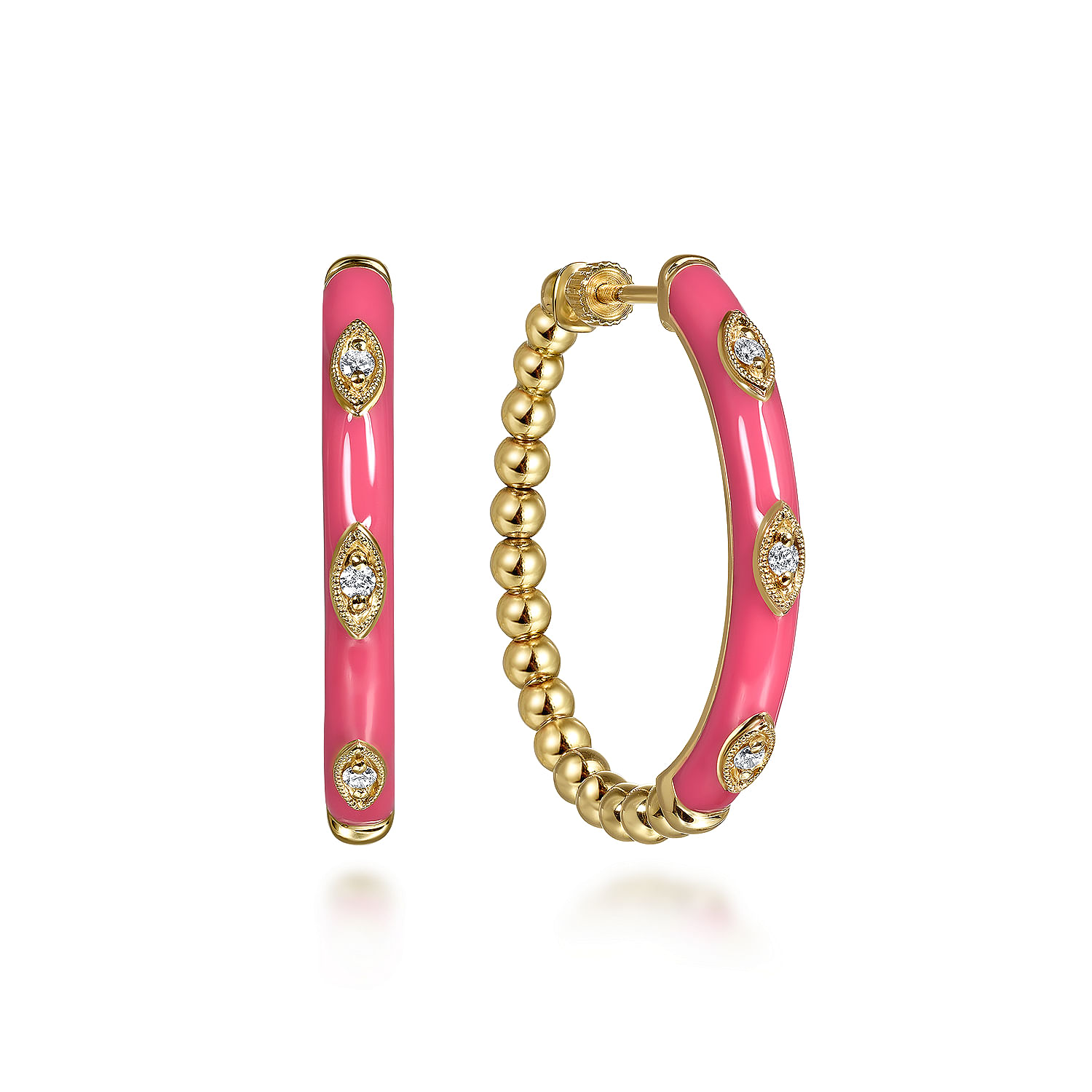 Gabriel & Co. 14K Yellow Gold Pink Enamel and Diamond Hoops