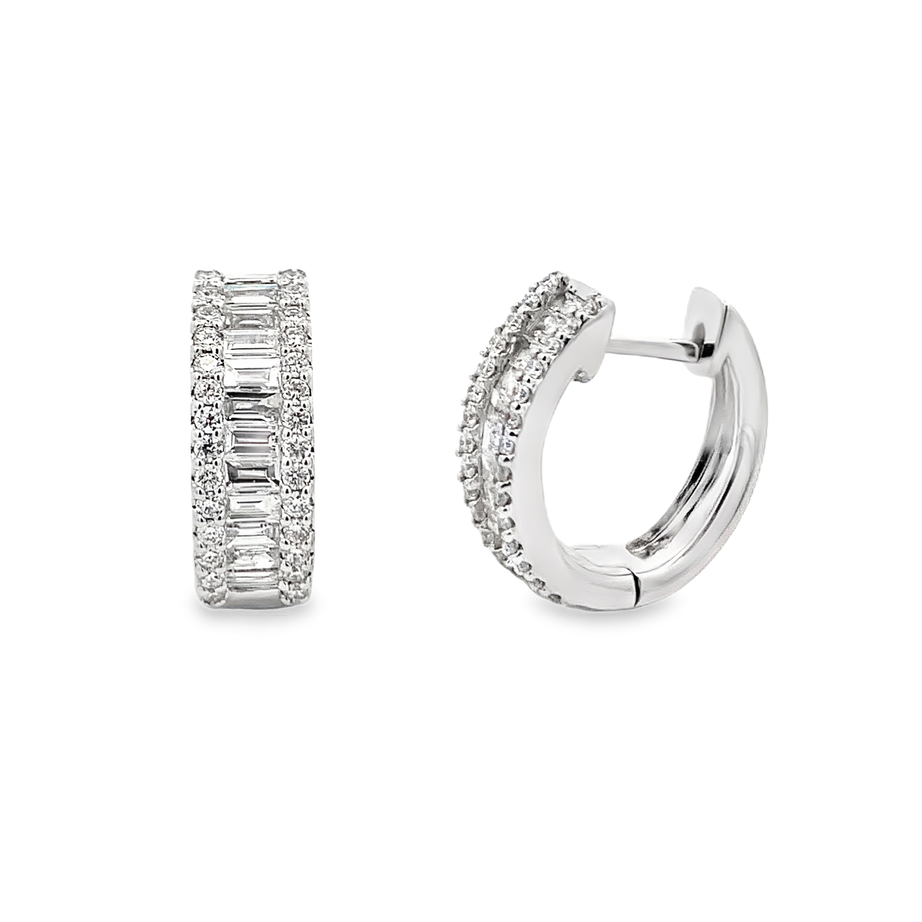 18K White Gold Baguette Center Diamond Hoops