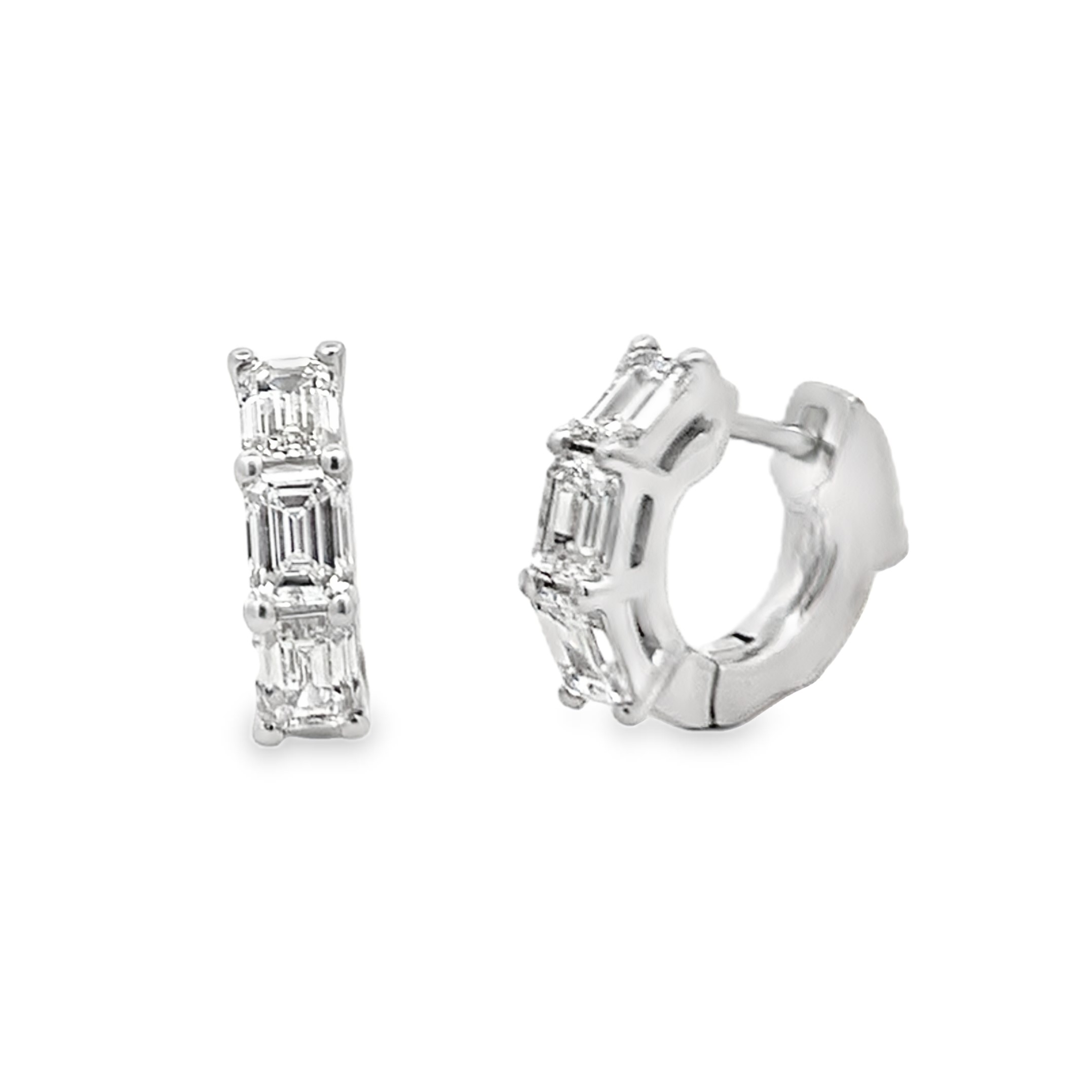 14K White Gold Emerald Cut Diamond Hoops