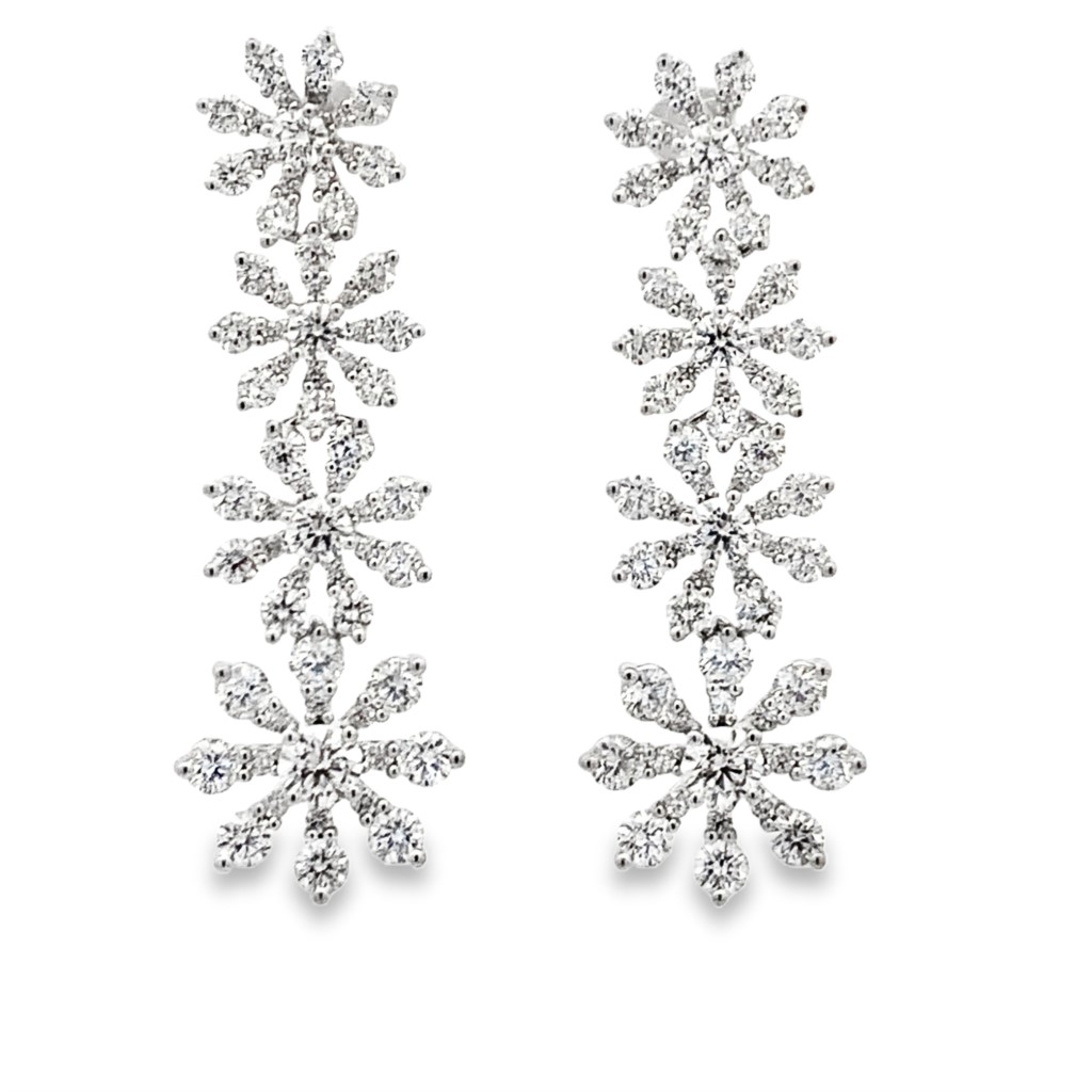 Damaso 18K White Gold Diamond Flower Line Earrings