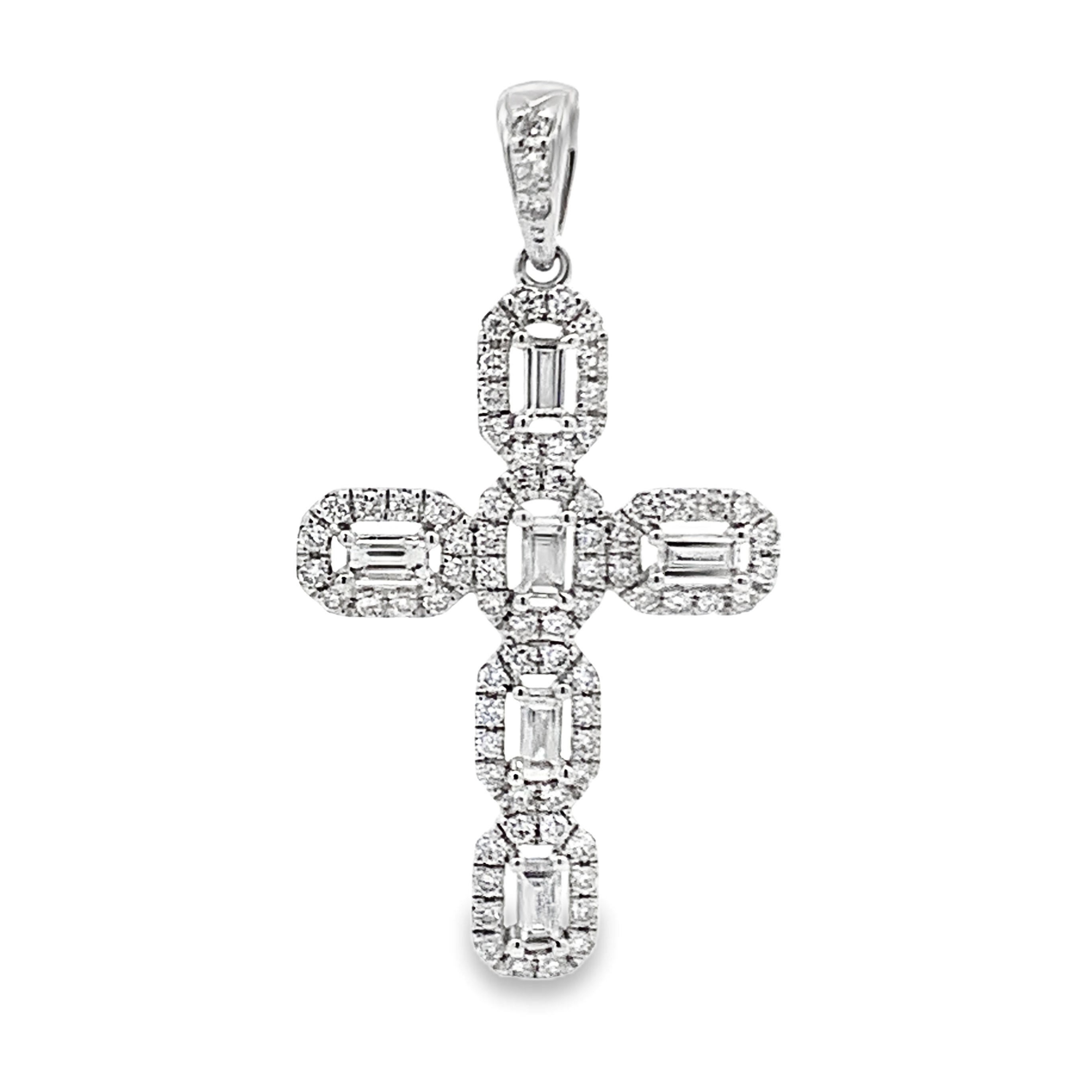 18K White Gold Diamond Baguette Accent Cross Pendant