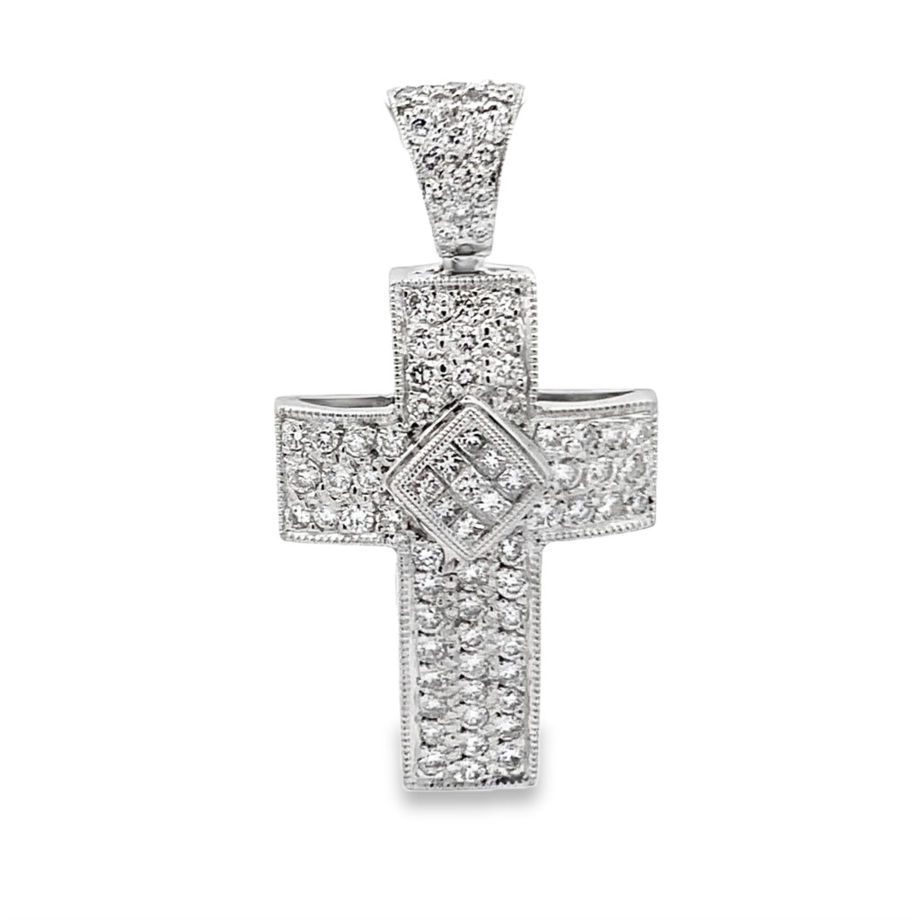 18K White Gold Large Wide Pave Diamond Cross Pendant