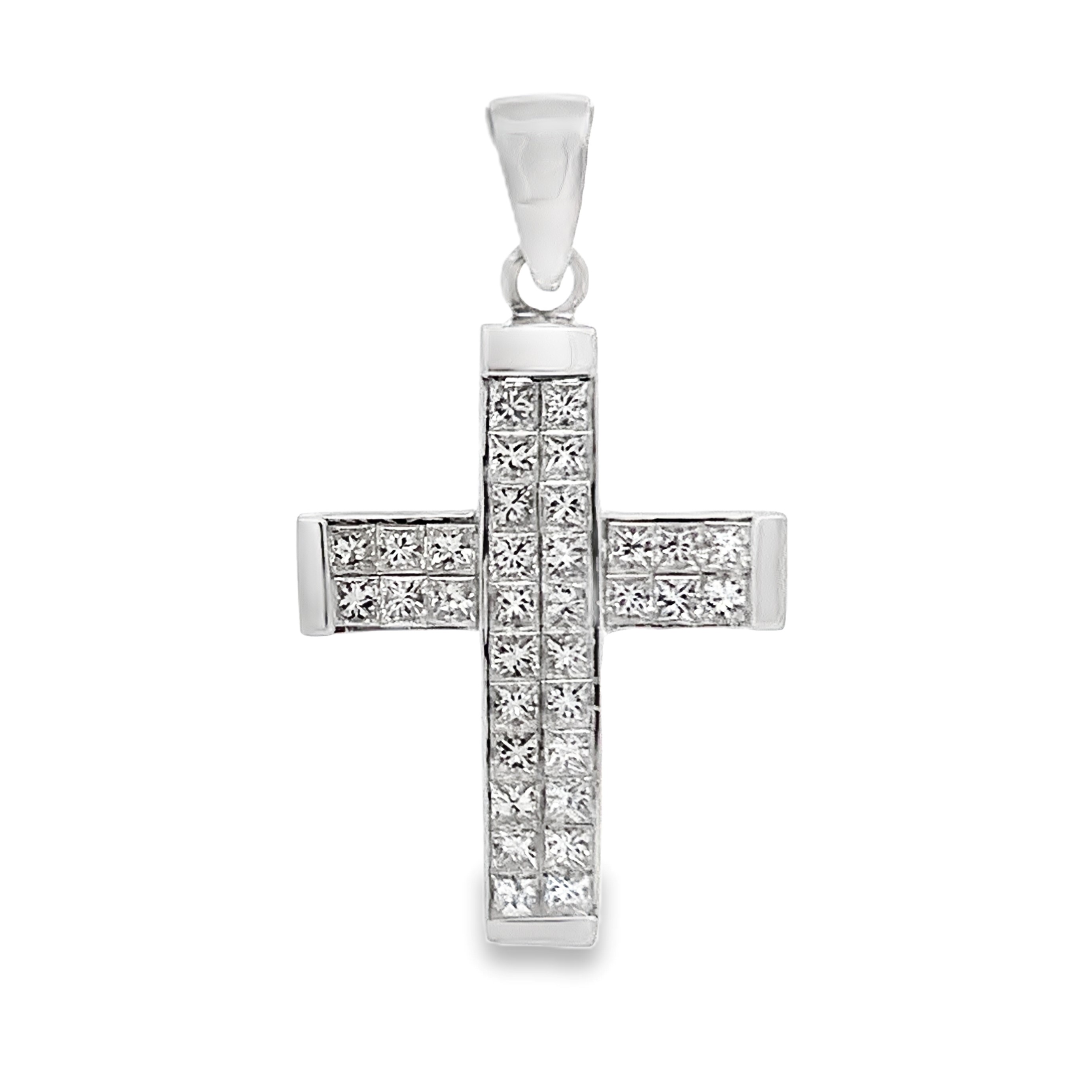 18K White Gold Princess Cut Diamond Cross Pendant