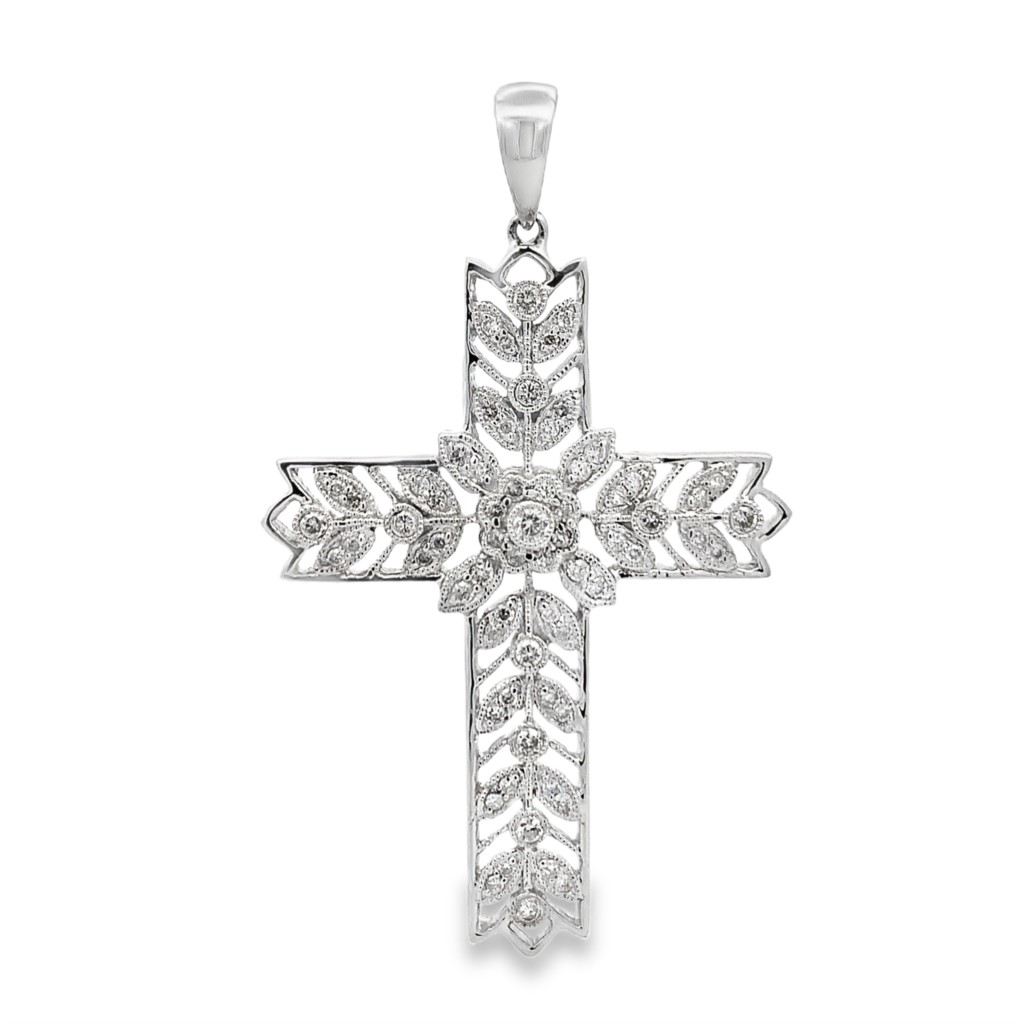 18K White Gold Wide Filigree Diamond Cross Pendant