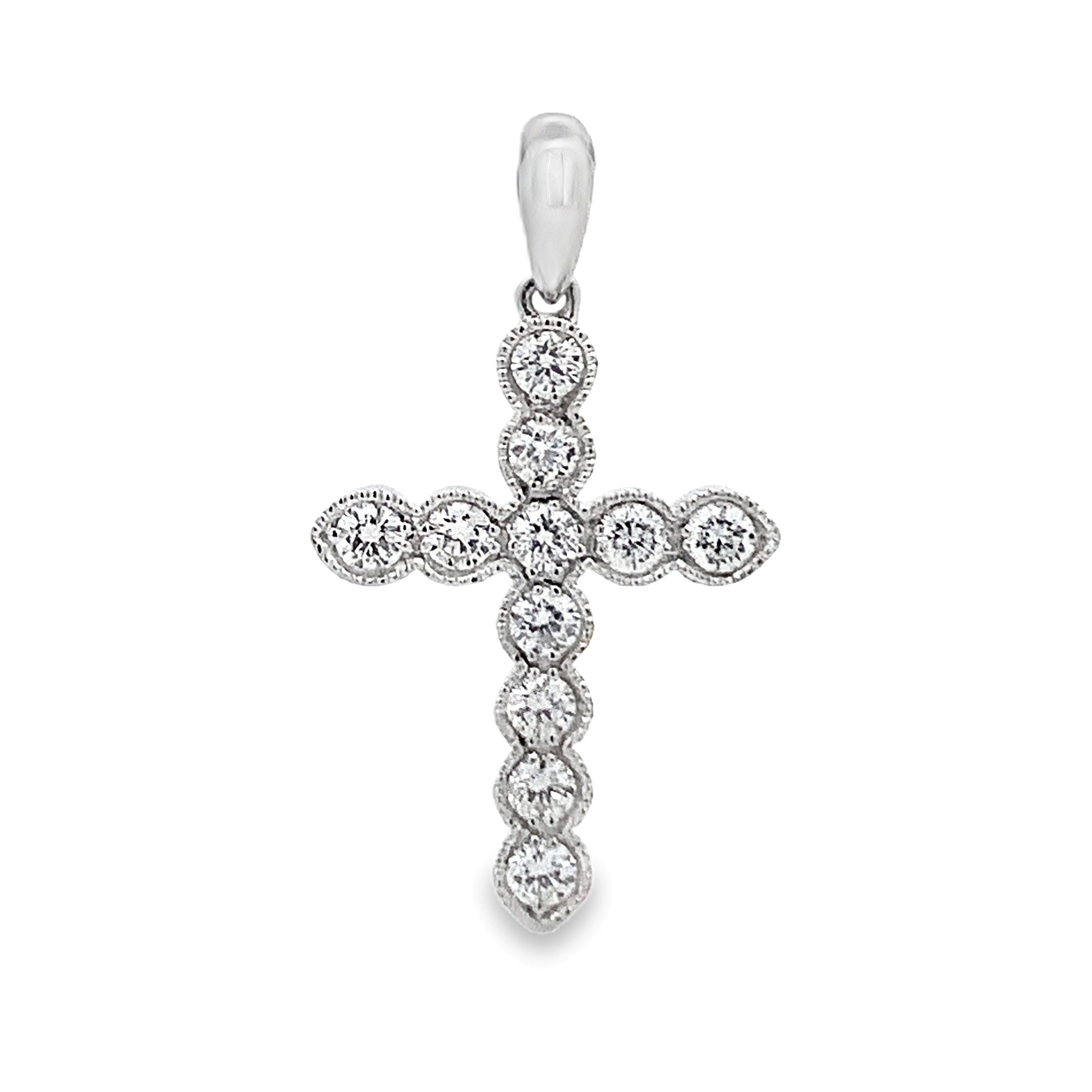 18K White Gold Milgrain Diamond Cross Pendant