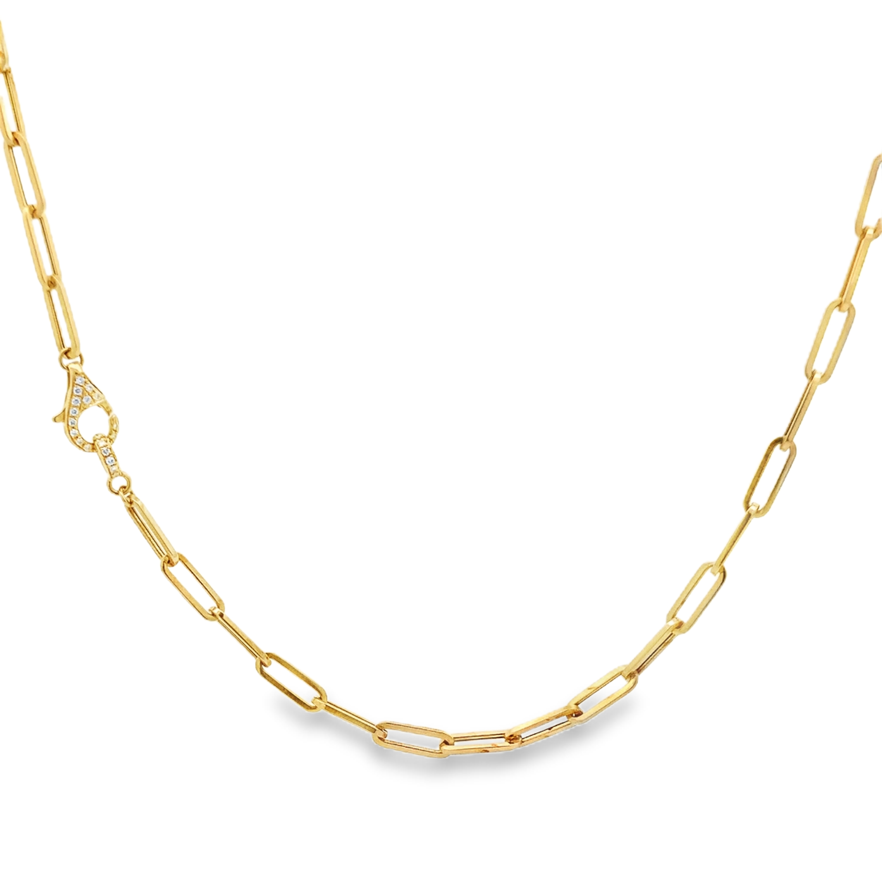 18K Yellow Gold Diamond Clasp Paperclip Chain Necklace