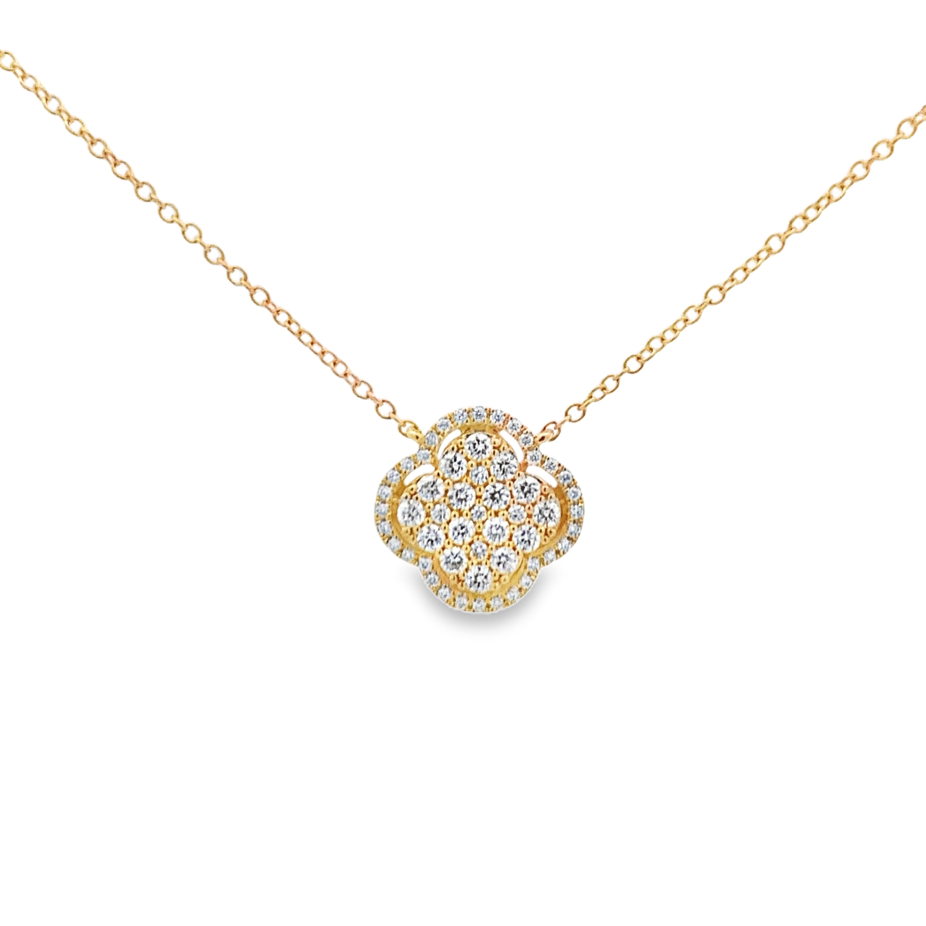 18K Yellow Gold Diamond Pave Flower Shape Necklace