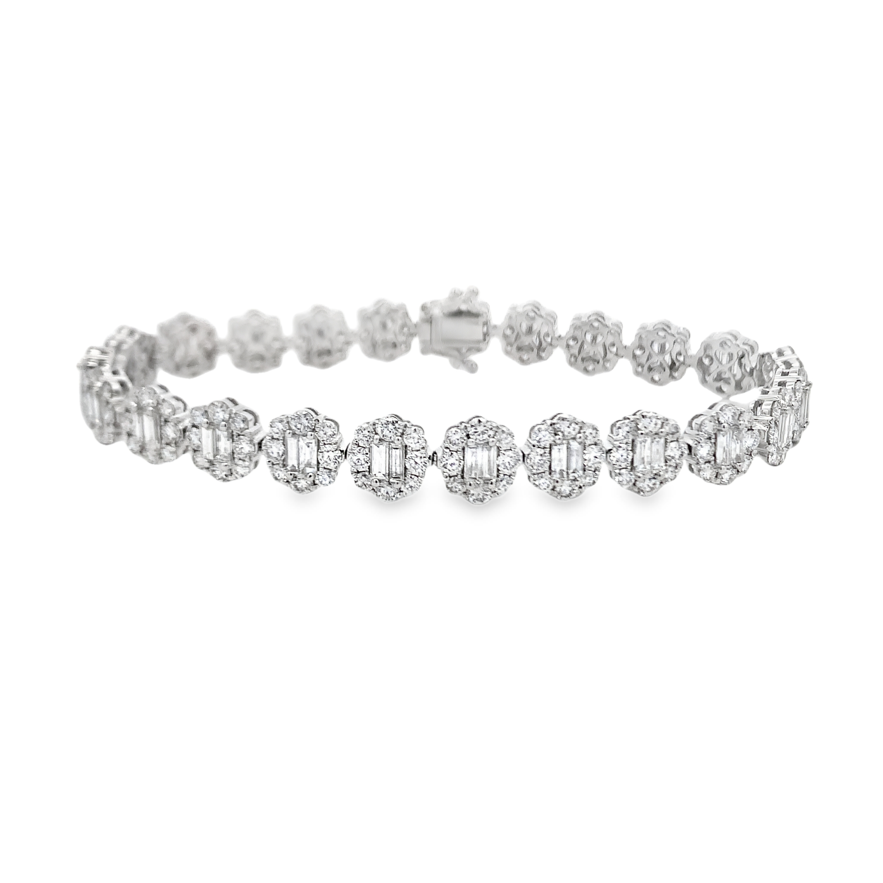 18K White Gold Baguette Diamond Cluster Link Bracelet