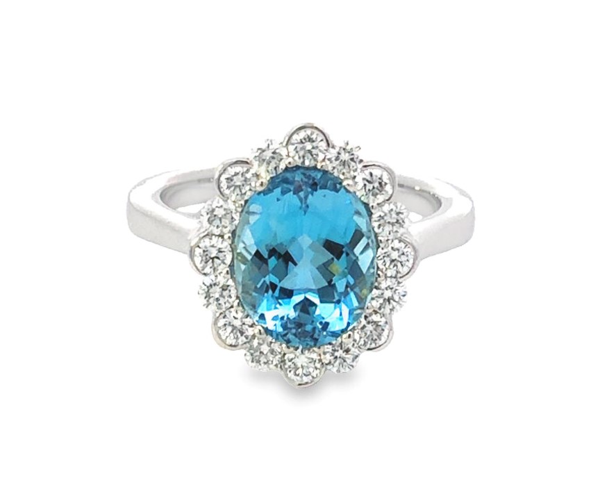 18K White Gold Aquamarine Halo Ring