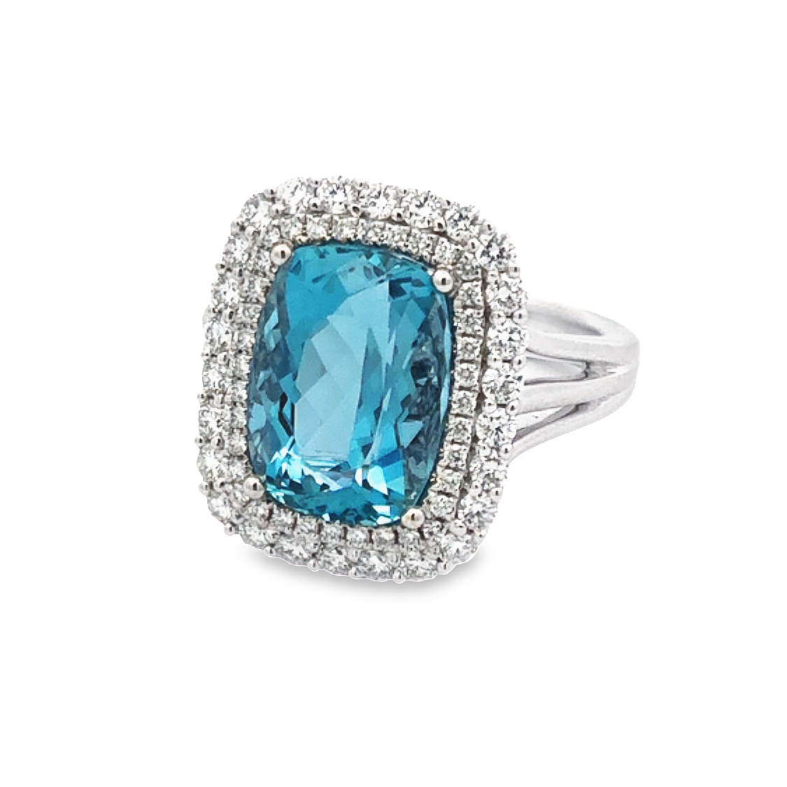 18K White Gold Aquamarine Double Halo Ring