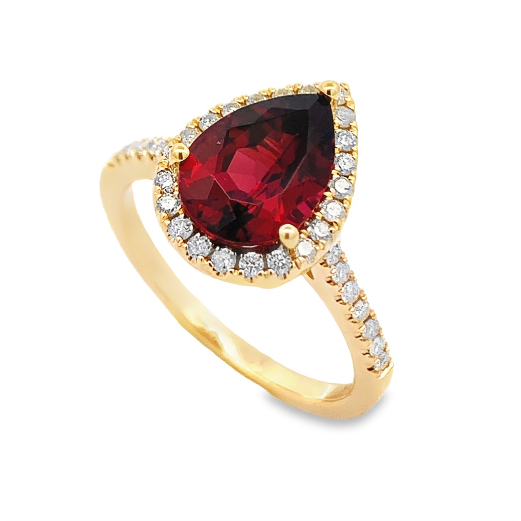 14K Yellow Gold Pear Garnet Halo Ring