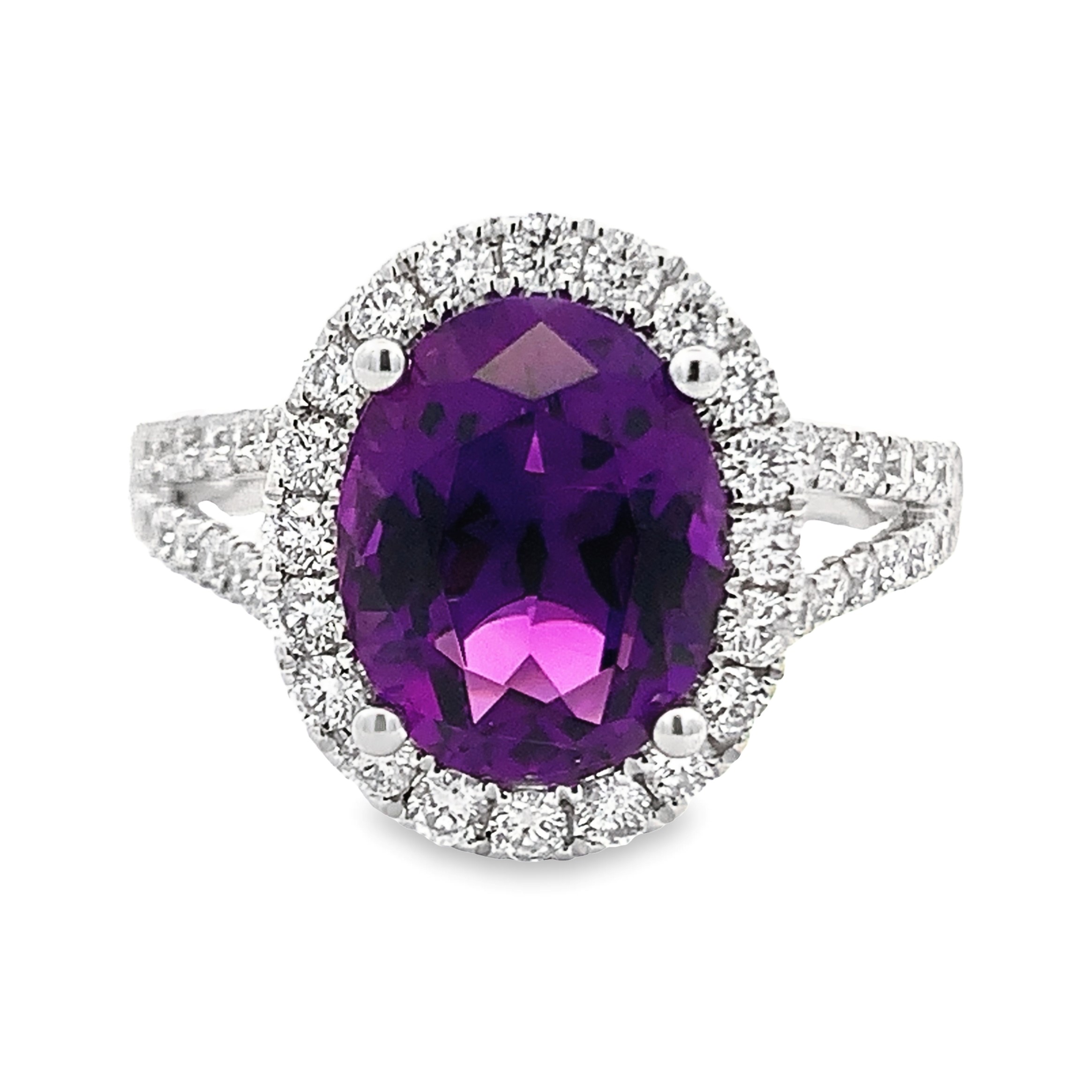 14K White Gold Oval Amethyst Halo Ring