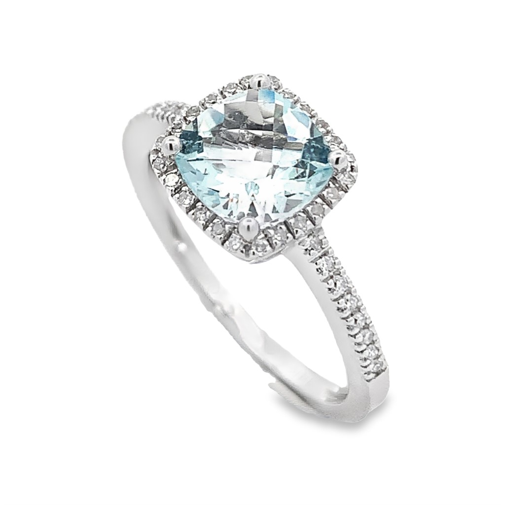 14K White Gold Aquamarine Halo Ring