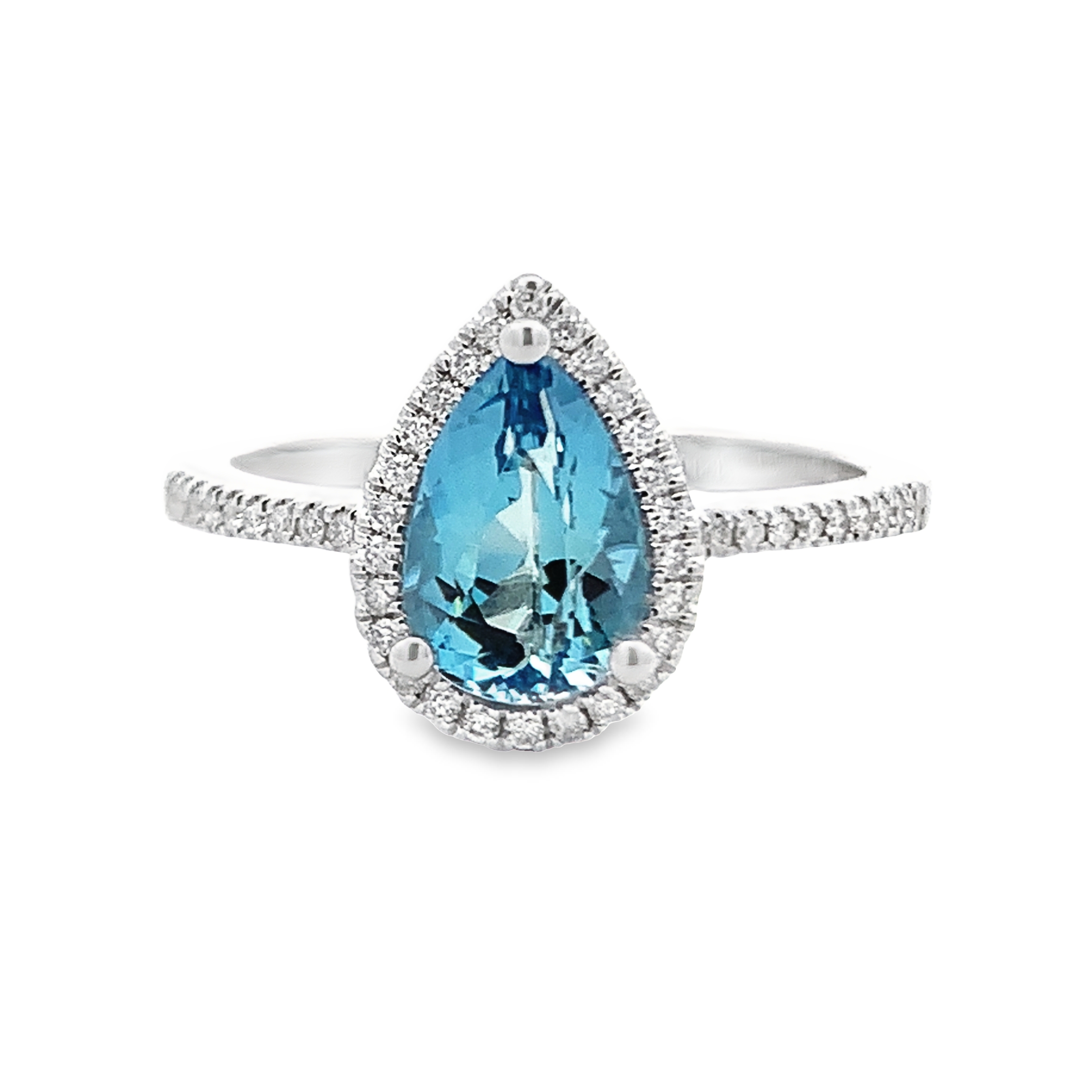 14K White Gold Pear Aquamarine Halo Ring