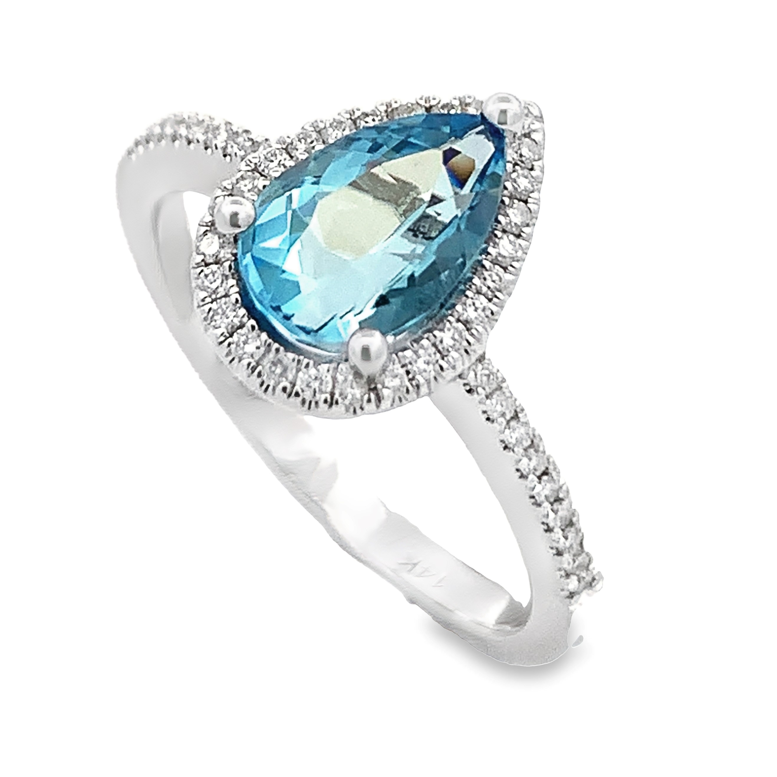 14K White Gold Pear Aquamarine Halo Ring