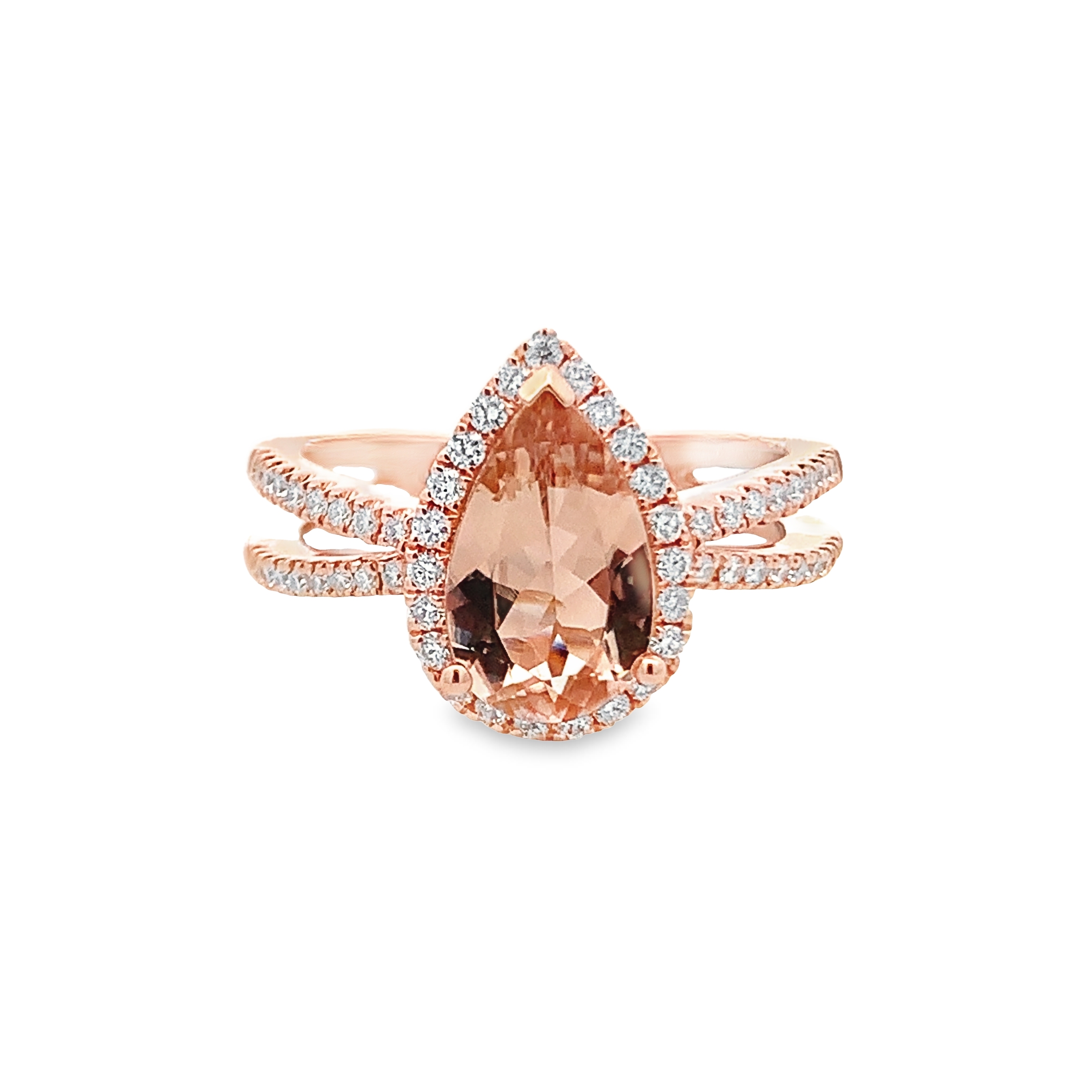 14K RosÃ© Gold Pear Morganite Halo Ring