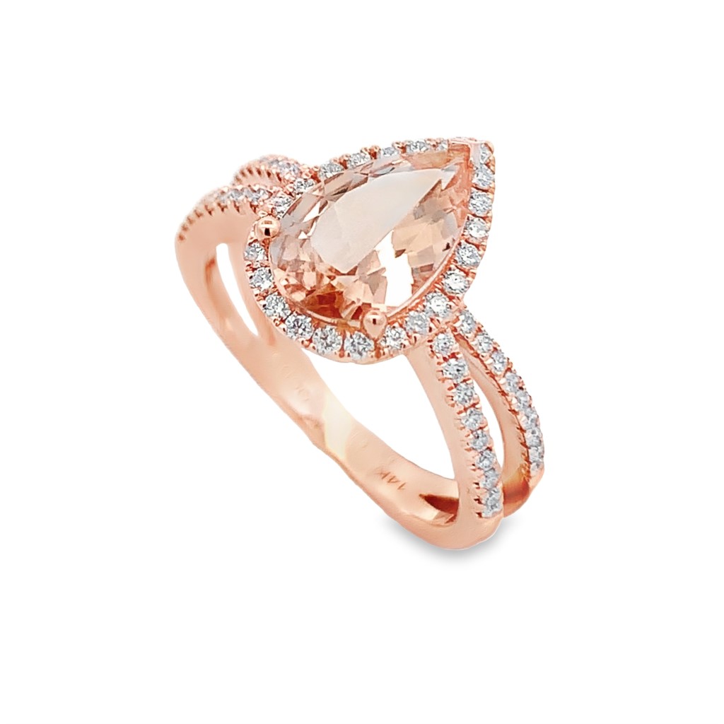 14K Rose Gold Pear Morganite Halo Ring